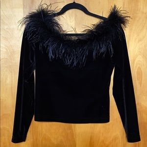Velvet off or on the shoulder top with feathers